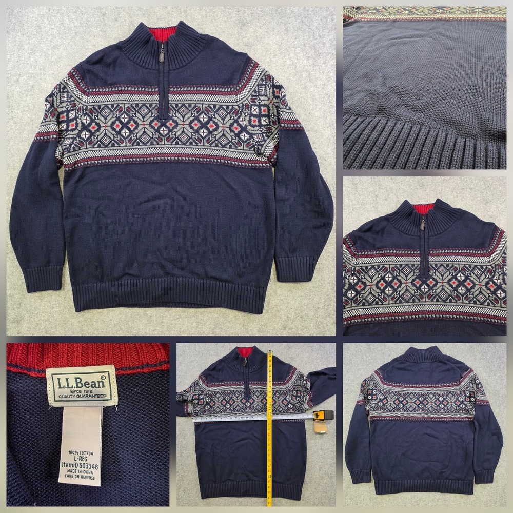 L.L.Bean Sweater Mens Large Blue Fair Isle 1/4 Zip Mock Neck Knit Pullover